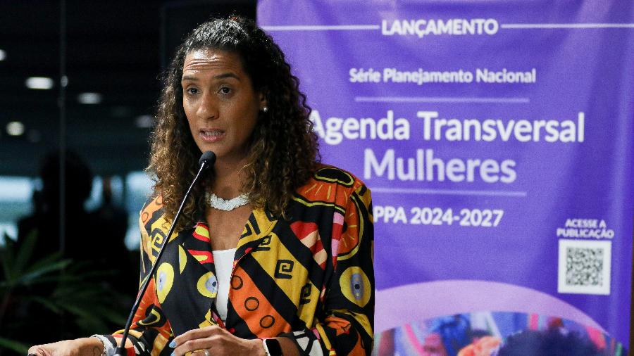 A ministra da Igualdade Racial, Anielle Franco, durante lançamento do Relatório da Agenda Transversal Mulheres