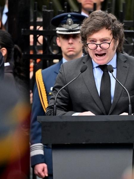 Javier Milei em discurso no aniversário da guerra entre a Argentina e o Reino Unido pelas Ilhas Malvinas