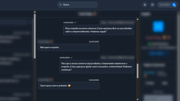 Mensagem abusiva enviada ao chatbot de IA da Morada.ai, startup que cria IA para construtoras