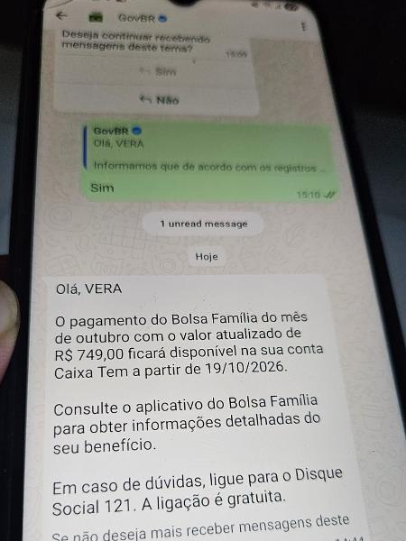 Mensagem enviada a beneficiária do Bolsa Família com novo valor de pagamento