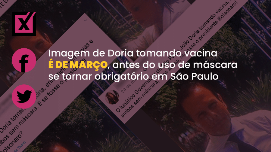 Post mostra imagem em que o governador de São Paulo, João Doria (PSDB), é vacinado no braço esquerdo - Arte/Comprova