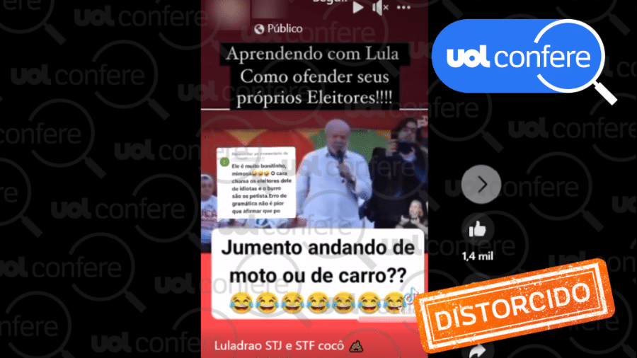 23.abr.2023 - No contexto da fala do então candidato à presidência, ele citava meios de transportes: jumento, moto e carro - Arte/UOL sobre Reprodução Facebook e TikTok