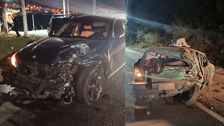 BMW (à esq.) e carro da família (à dir.) após acidente de trânsito em Bragança Paulista (SP)