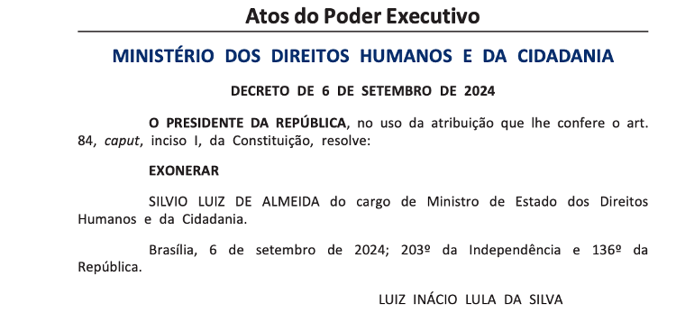 Publicação no Diário Oficial da demissão de Silvio Almeida