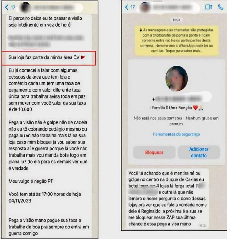 Trechos de conversas de integrantes do CV com uma vítima Trechos de conversas de integrantes do CV com uma vítima
