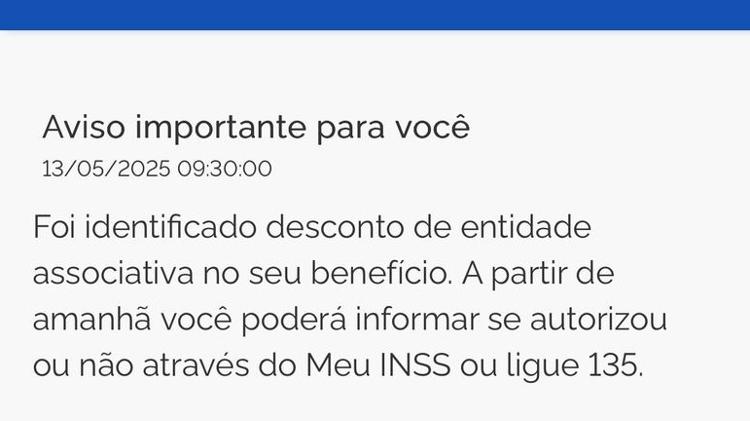 Meu INSS - app mostra aviso de desconto de entidade associativa Meu INSS - app mostra aviso de desconto de entidade associativa