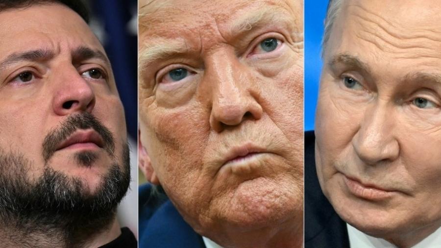 Os presidentes da Ucrânia, Volodymyr Zelensky, dos EUA, Donald Trump, e da Rússia, Vladimir Putin Os presidentes da Ucrânia, Volodymyr Zelensky, dos EUA, Donald Trump, e da Rússia, Vladimir Putin