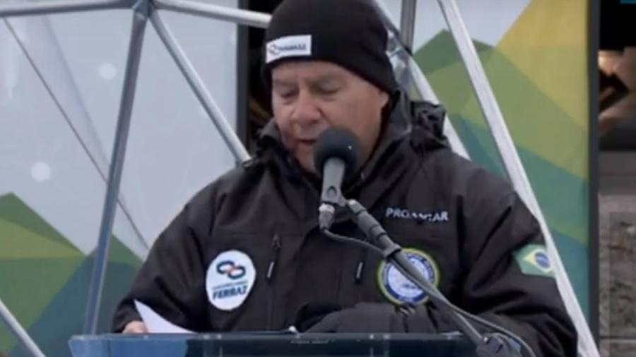 O vice-presidente Hamilton Mourão faz discurso em reinauguração da base brasileira na Antártida - Reprodução/TV Brasil