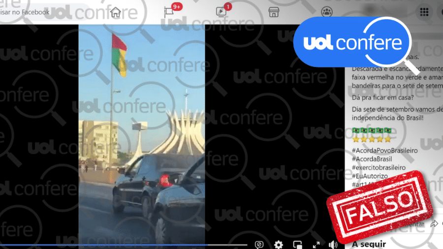 24.ago.2021 - Print de vídeo com a alegação falsa de que "estão colocando uma faixa vermelha na nossa bandeira verde e amarela". Bandeiras têm as cores de Guiné-Bissau, cujo presidente visita o Brasil - Arte sobre reprodução/Facebook