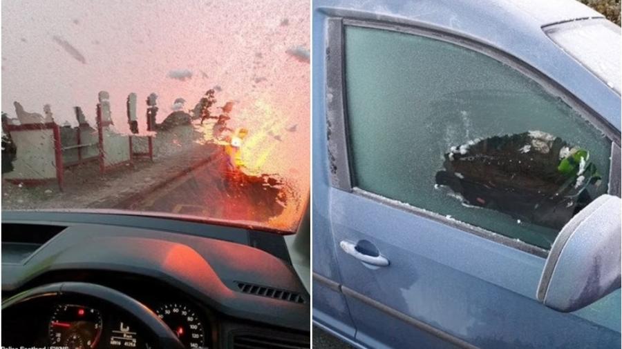 Imagens divulgadas pela polícia escocesa mostram as janelas cobertas por gelo, com uma leve abertura próxima aos retrovisores