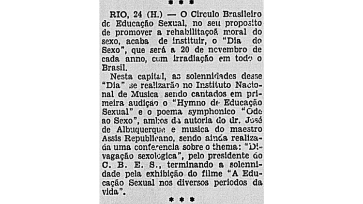 Nota à imprensa sobre a criação do Dia do Sexo na década de 1930