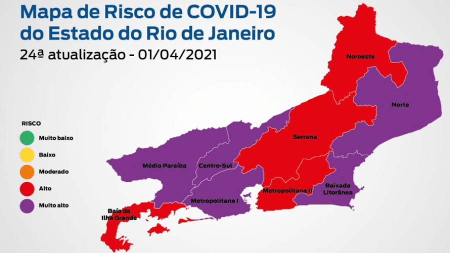 2.abr.2021 - Mapa de risco da covid-19 no Rio de Janeiro mostra estado em bandeira roxa, ou seja, com risco muito alto - Divulgação SES-RJ