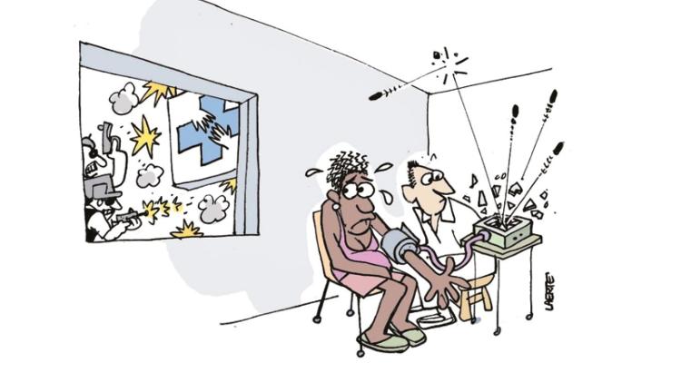 Imagem da cartunista Laerte Coutinho cedida ao estudo: Profissionais de saúde deixam de trabalhar em dias de tiroteio e pacientes não saem de casa mesmo doentes
