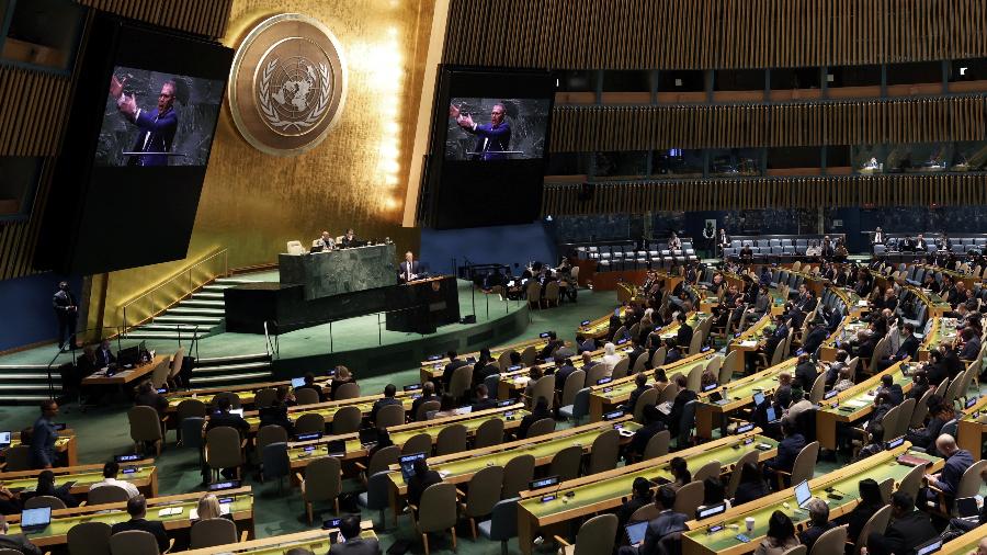 Gilad Erdan, embaixador de Israel na ONU, fala em reunião da Assembleia Geral
