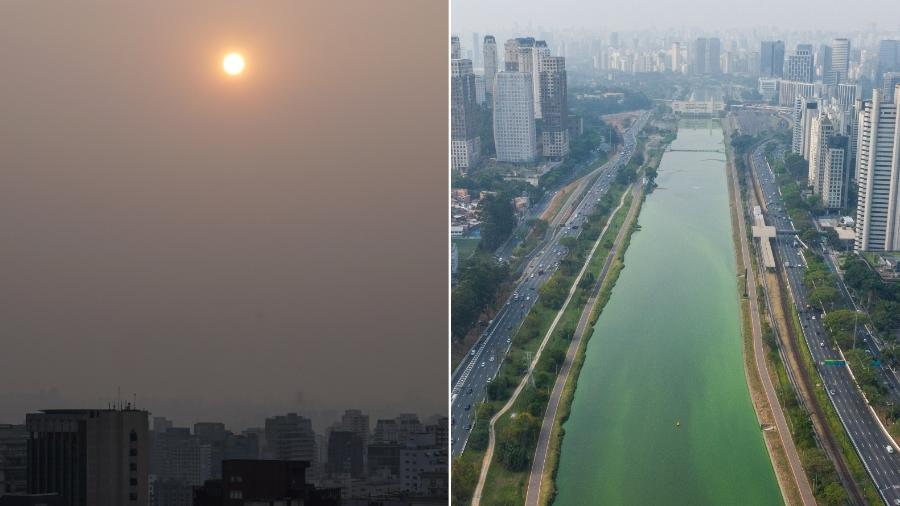 Poluição e tempo seco deixaram sol laranja e Rio Pinheiros verde em São Paulo, que sofre com uma nova onda de calor - Marcelo D. Sants/Ato Press/Estadão Conteúdo e Danilo Verpa/Folhapress