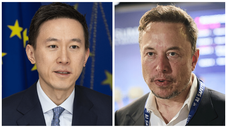 O CEO do TikTok, Shou Zi Chew (esq.); e o empresário Elon Musk (dir.), agora conselheiro de Donald Trump - Reprodução/Wikipedia