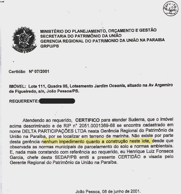 Documento da SPU de 2001