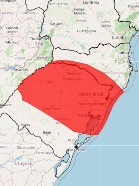 O Inmet emitiu alertas de grande perigo para tempestades no Rio Grande do Sul e em Santa Catarina nesta terça-feira (28) e quarta-feira (29)