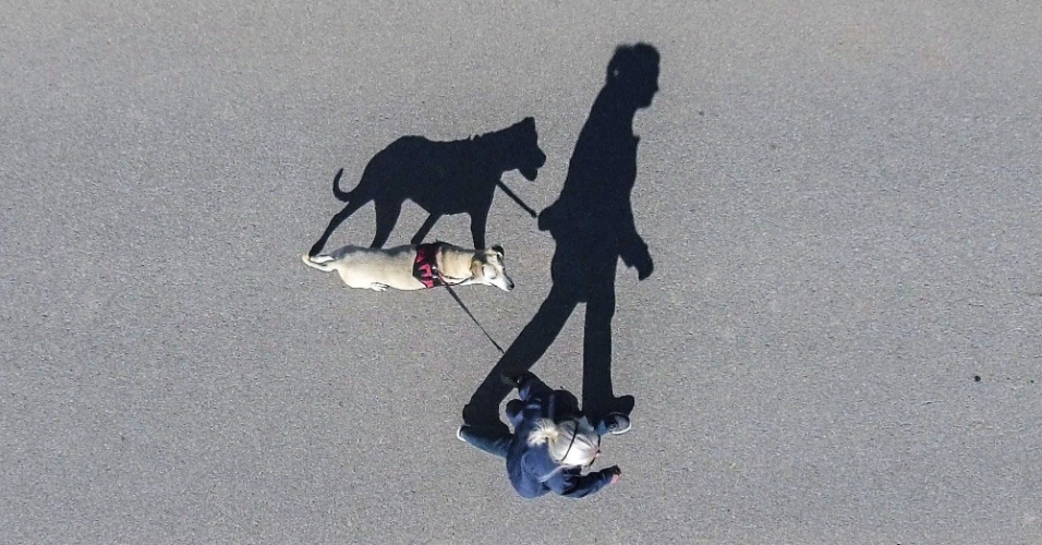 1º.out.2015 - A sombra de uma mulher e seu cão projetada na estrada durante um dia ensolarado em Strubing, Alemanha