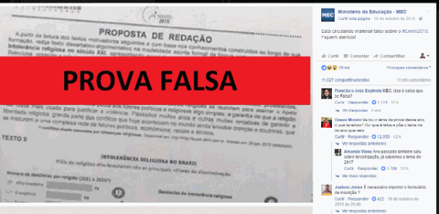 O anúncio sobre a prova falsa publicado ano passado na fanpage oficial do MEC - Reprodução/Facebook