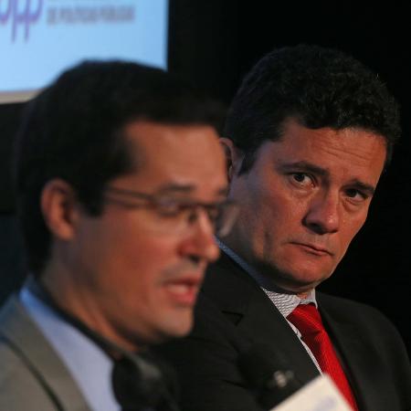 O procurador Deltan Dallagnol, chefe da força-tarefa da Lava Jato, e o ex-ministro Sergio Moro em evento em São Paulo em 2017 - HÉLVIO ROMERO - 24.out.2017/ESTADÃO CONTEÚDO