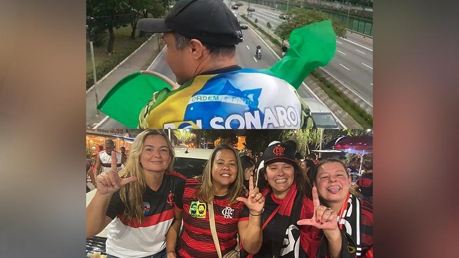 29.out. 2022 - Bandeiraço de apoiador de Bolsonaro no Tatuapé (SP) e flamenguistas que apoiam Lula na Tijuca (Rio) - José Dacau e Luiza Sá/UOL