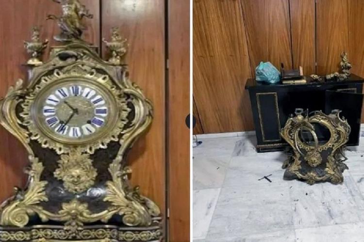 O relógio antes e depois dos atos de vandalismo