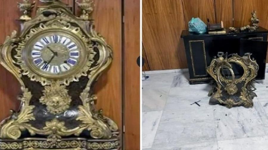 O relógio do Palácio do Planalto antes e depois dos atos de vandalismo - Reprodução