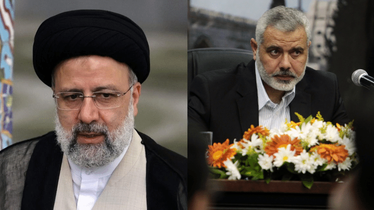 O presidente do Irã, Ebrahim Raisi, à esquerda e o chefe do Hamas, Ismail Haniyeh, à direita