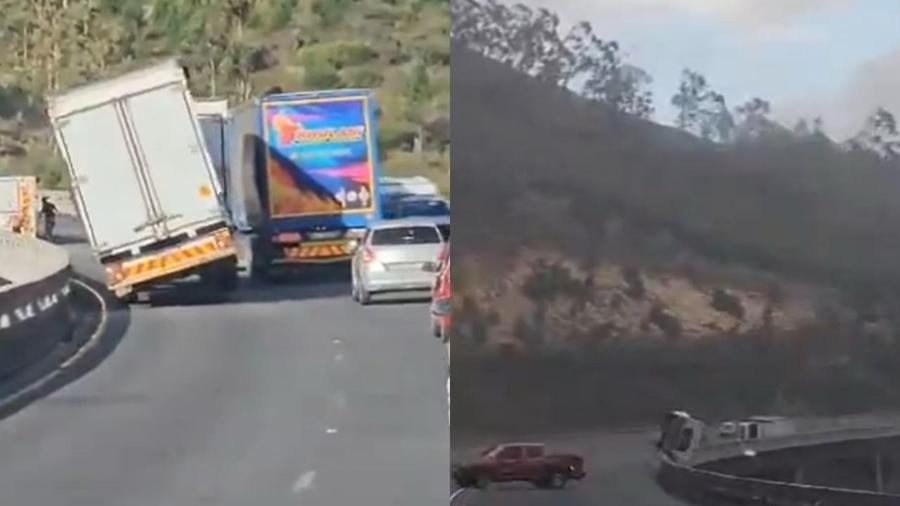 Momentos em que caminhão e trailer caíram de viaduto foram gravados por testemunhas