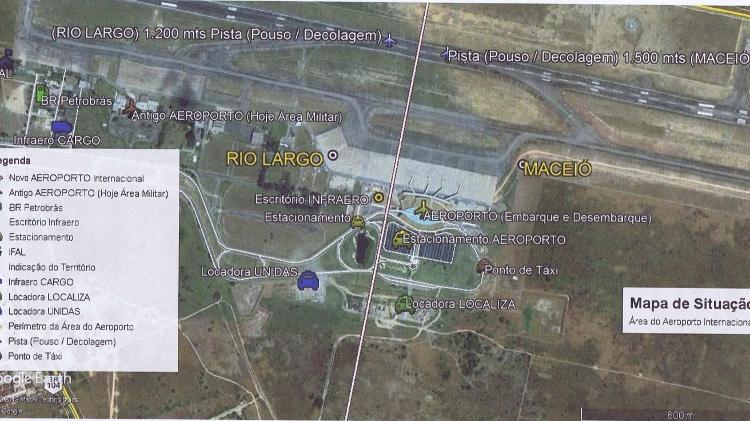 Mapa feito pelo Iteral mostra que terminal de passageiros e estacionamento estão dentro da área de Maceió 