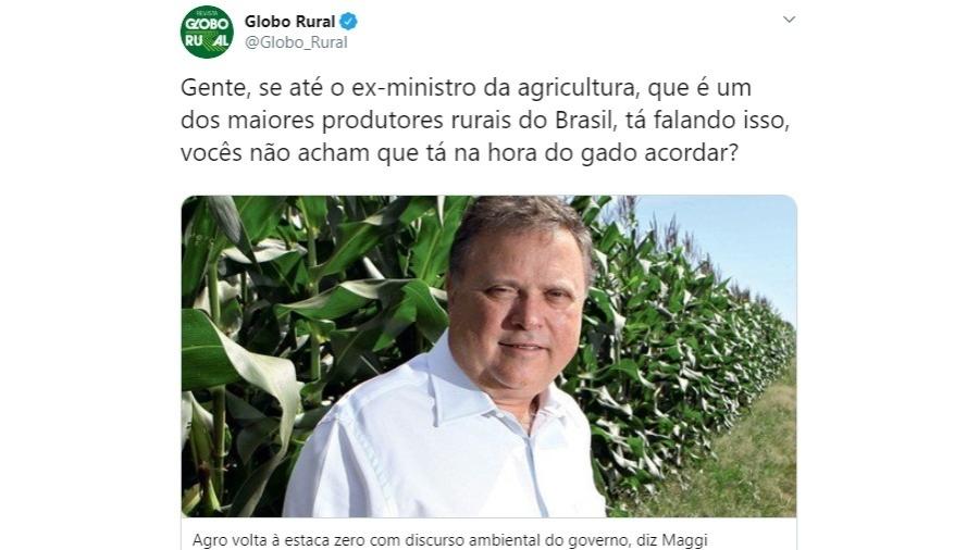 Twitter do Globo Rural manda indireta ao governo com entrevista de ex-ministro - Reprodução