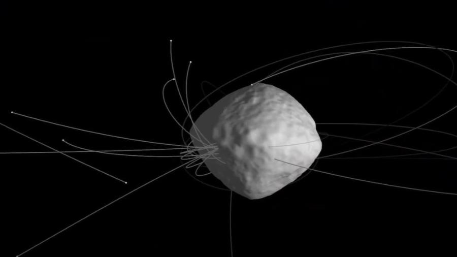 Modelo por computador do asteroide Bennu ejetando partículas - Reprodução/YouTube JPLraw