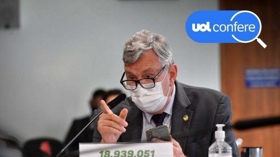 10.ago.2021 - O senador Luis Carlos Heinze (PP-RS) fala durante a CPI da Covid - Arte sobre foto de Leopoldo Silva/Agência Senado
