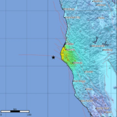 Mapa divulgado pelo Serviço Geológico da Califórnia mostra área que mais sentiu tremor (em amarelo) - Reprodução/Twitter