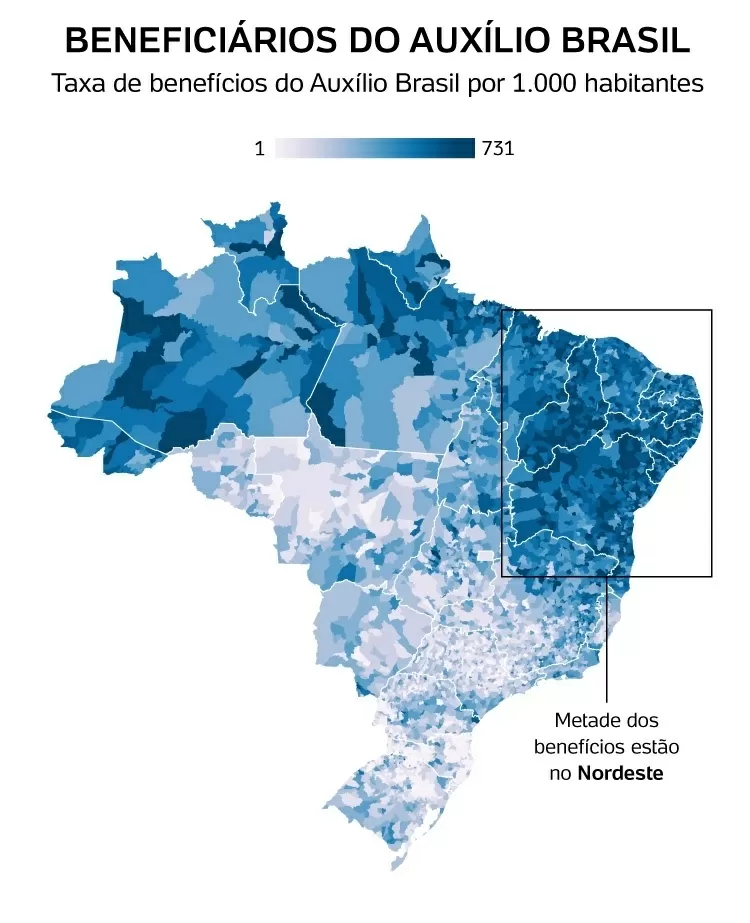 Mapa eleições 2022: Distribuição do Auxílio Brasil - Carol Malavolta/Arte UOL - Carol Malavolta/Arte UOL
