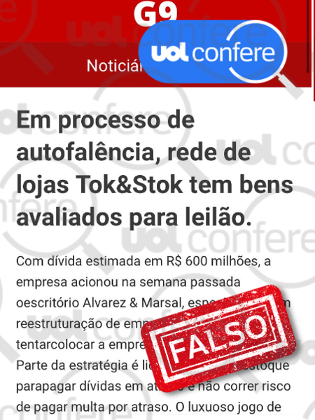 29.mai.2023 - Site fraudulento reproduz layout de portal de notícias com promoção falsa - Arte/UOL sobre Reprodução WhatsApp