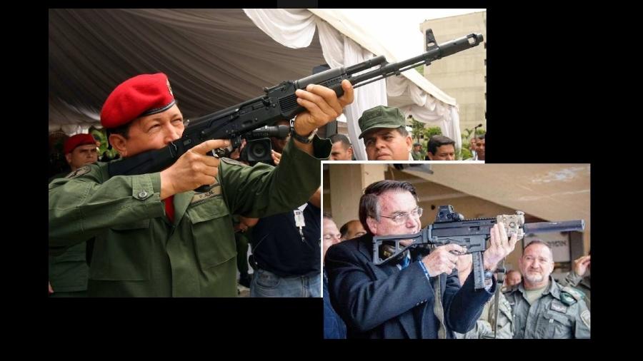 Hugo Chávez faz mira, em 2006, com um dos fuzis Kalashnikov que comprou da Rússia para armar os venezuelanos; em 2019, em Israel, Bolsonaro manipula em fuzil e defende que a população se arme - Reuters; Reprodução/Instagram