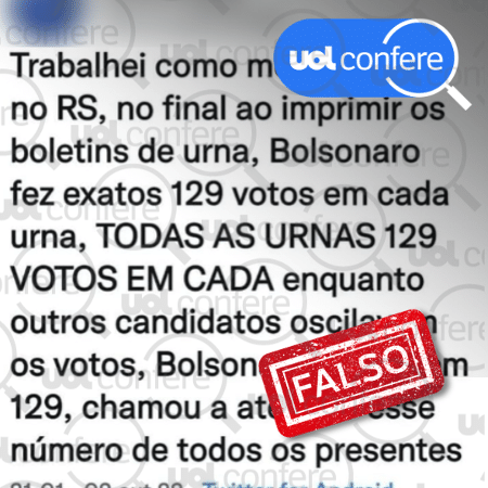 6.out.2022 - Não há registro de que "todas as urnas tiveram 129 votos para Bolsonaro" no RS, como alega post - Arte/UOL sobre Reprodução/Facebook