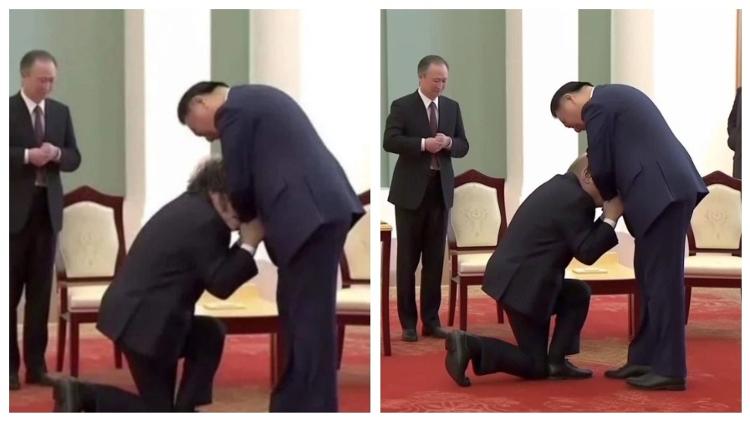 15.dez.2023 - Assim como Javier Milei, Vladimir Putin também já teve foto feita por IA para transparecer que ele se ajoelhou diante de Xi Jinping