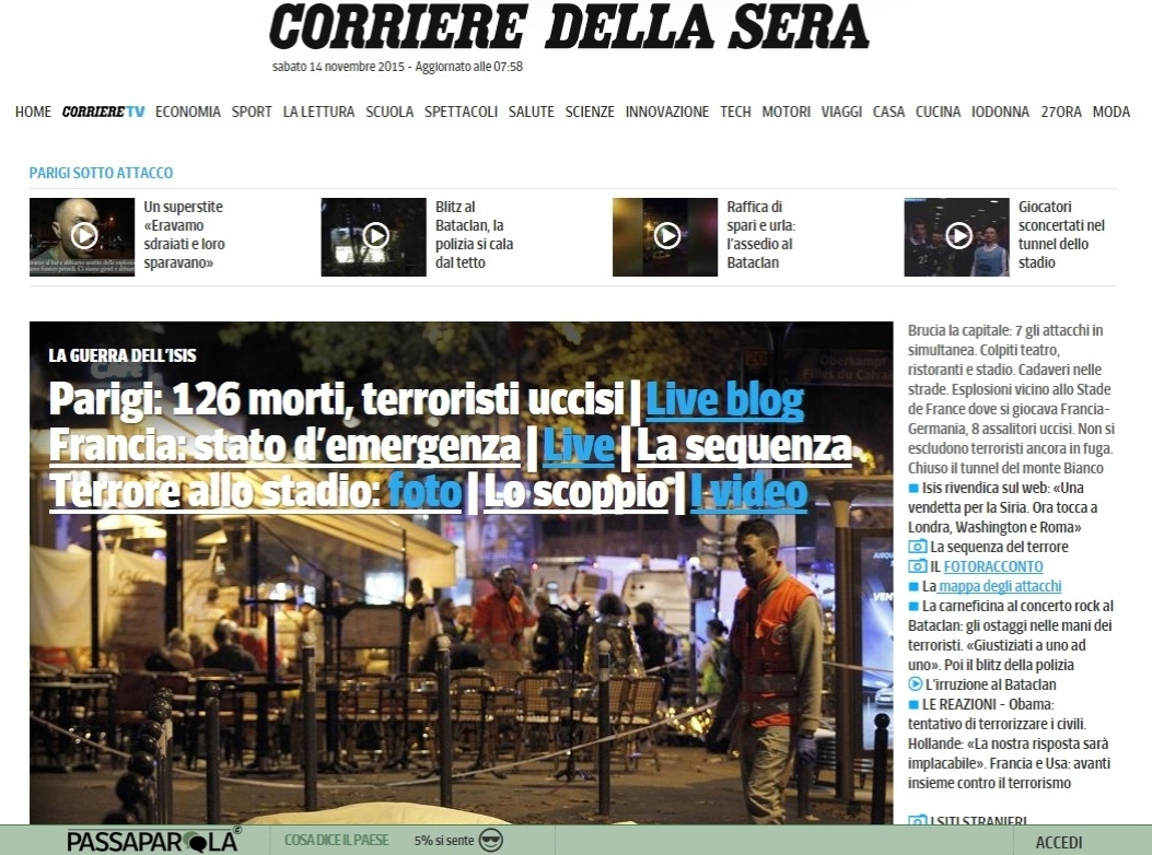 14.nov.2015 - O jornal italiano afirma em seu portal digital que o Estado Islâmico está por trás dos atentados desta sexta-feira em Paris: "Os próximos são Washington, Londres e Roma", teria afirmado a organização terrorista - Reprodução