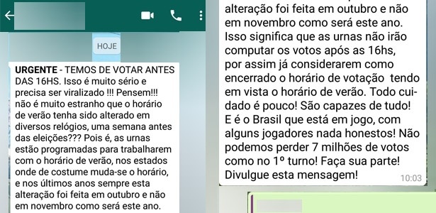 Mensagem falsa no WhatsApp pede para eleitores votarem até 16h - UOL