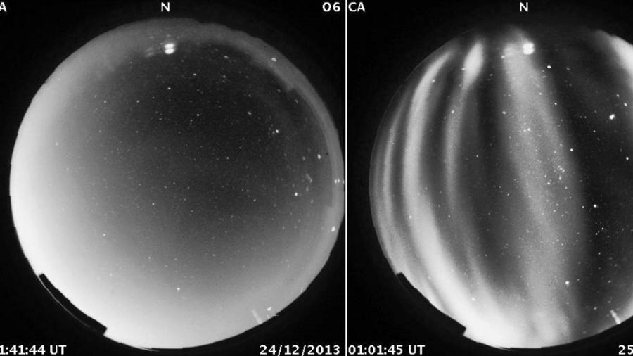 Imagens do Inpe lado a lado mostram duas leituras: uma sem bolhas de plasma no céu (à esquerda) e a outra, à direita, com bolhas - Inpe