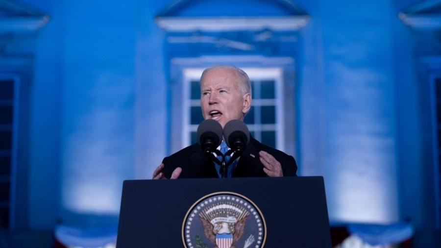 26.mar.22 - O presidente dos EUA, Joe Biden, em discurso concedido no Castelo Real de Varsóvia, na Polônia, ao tratar da guerra entre Rússia e Ucrânia - Brendan Smialowski/AFP