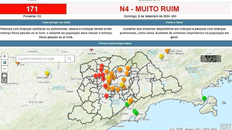 Mapa de qualidade do ar da Cetesb mostra onde o ar esteve praticamente irrespirável neste domingo