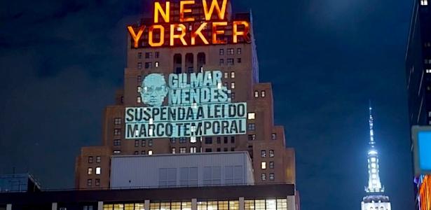 Indígenas exibem Gilmar Mfinishes em NY em protesto contra marco temporal