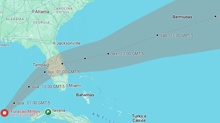 Projeção feita pelo Google Maps mostra possível trajetória do furacão Milton