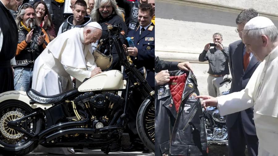 Papa Francisco recebeu uma moto e uma jaqueta de couro da marca Harley-Davidson em 2013 - Reuters/Vaticano/Divulgação
