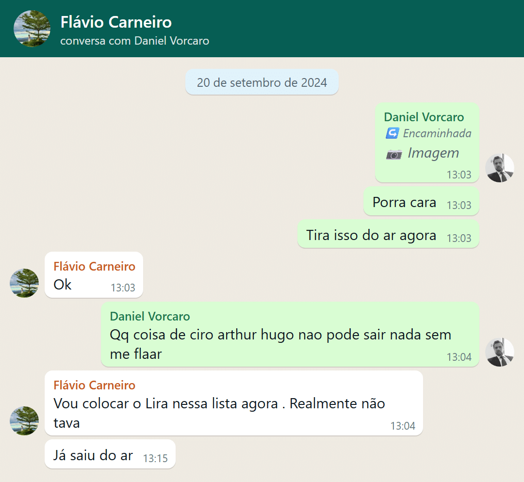 Conversa entre Vorcaro e Flávio Carneiro sobre menções a Ciro Nogueira, Arthur Lira e Hugo Motta em matérias - undefined