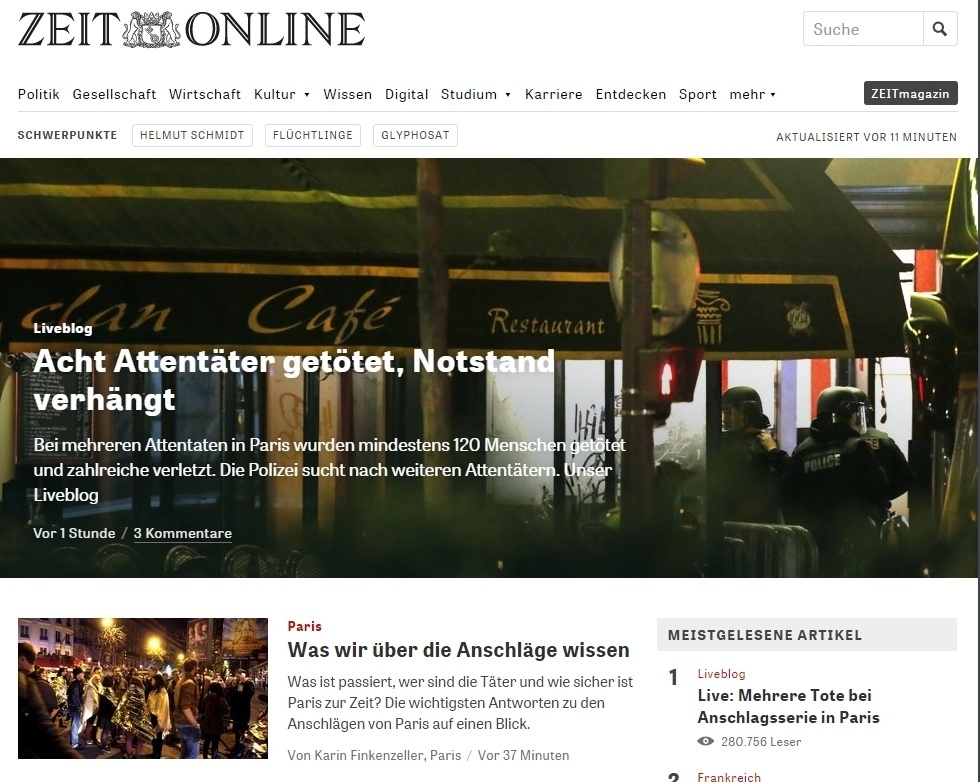 14.nov.2015 - 14.nov.2015 - Jornal de maior circulação na Alemanha, o Die Zeit, em sua versão digital, também destaca a busca por outros terroristas, além dos oito mortos - Reprodução